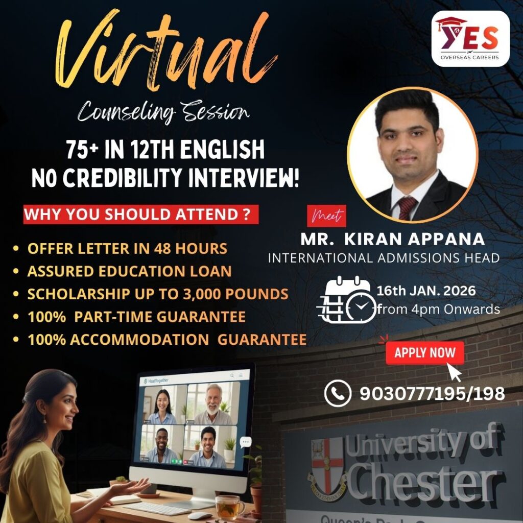 University of Chester virtual session for Indian students – 16 January 2026, hosted by Yes Overseas Careers, Study in UK 2026 event.